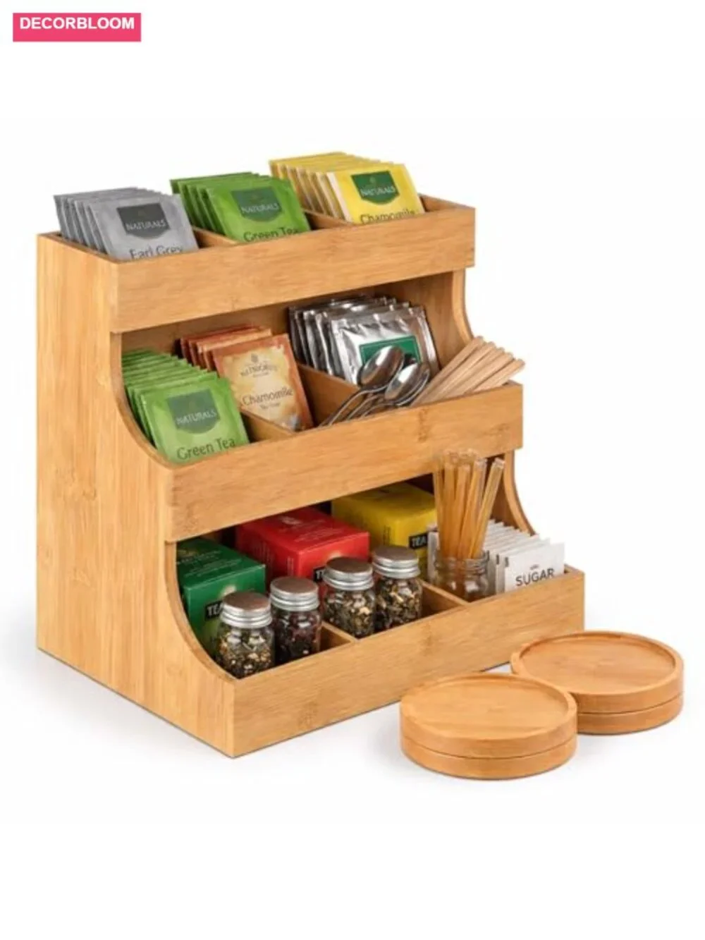 Bamboo 3-Tier Tea Bag Organizer with 4 Coasters
